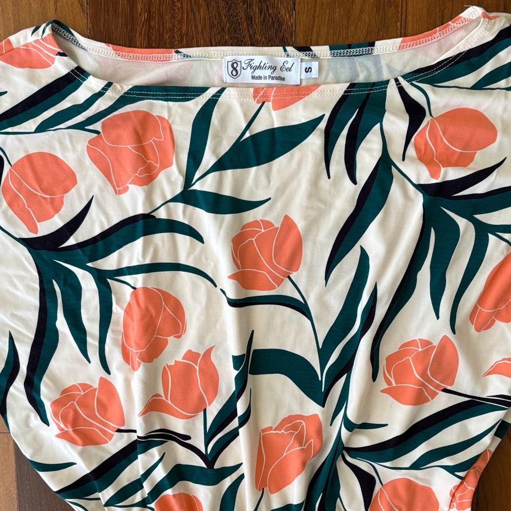 Fighting Eel Floral Print Jumpsuit with Orange and Green Design